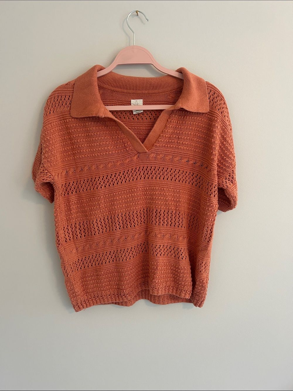 Joie Rust Orange Open Knit V Neck Polo Sweater Women's L Fall Transition